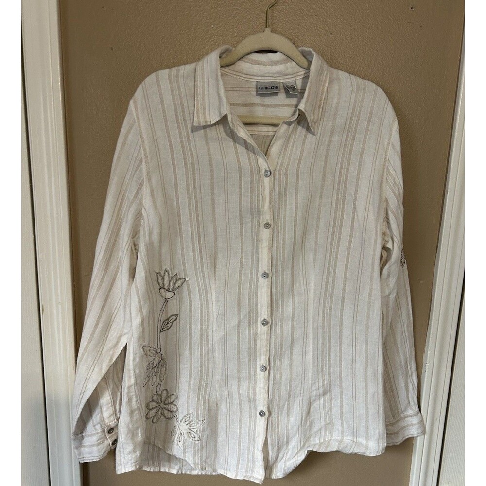 Chico's Design Women's Linen Button Up Blouse 2 Large Floral Bohemian Embroidery